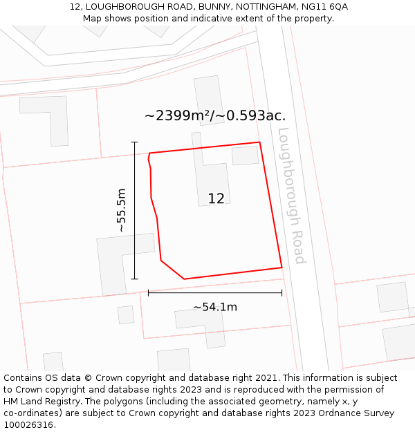 12, LOUGHBOROUGH ROAD, BUNNY, NOTTINGHAM, NG11 6QA: Plot and title map