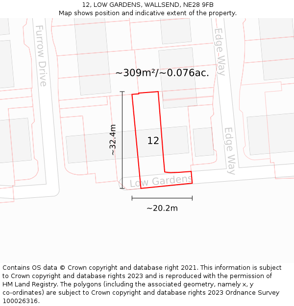 12, LOW GARDENS, WALLSEND, NE28 9FB: Plot and title map