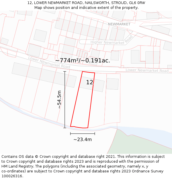 12, LOWER NEWMARKET ROAD, NAILSWORTH, STROUD, GL6 0RW: Plot and title map