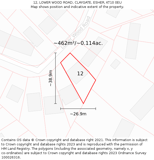 12, LOWER WOOD ROAD, CLAYGATE, ESHER, KT10 0EU: Plot and title map