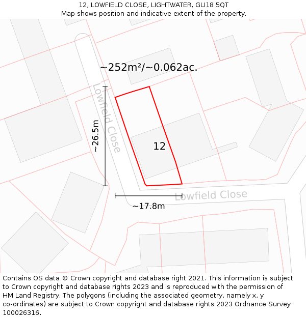 12, LOWFIELD CLOSE, LIGHTWATER, GU18 5QT: Plot and title map