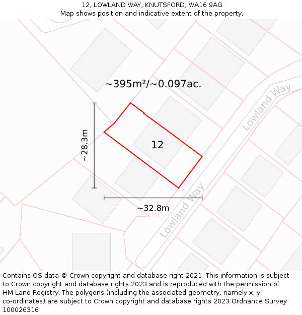 12, LOWLAND WAY, KNUTSFORD, WA16 9AG: Plot and title map
