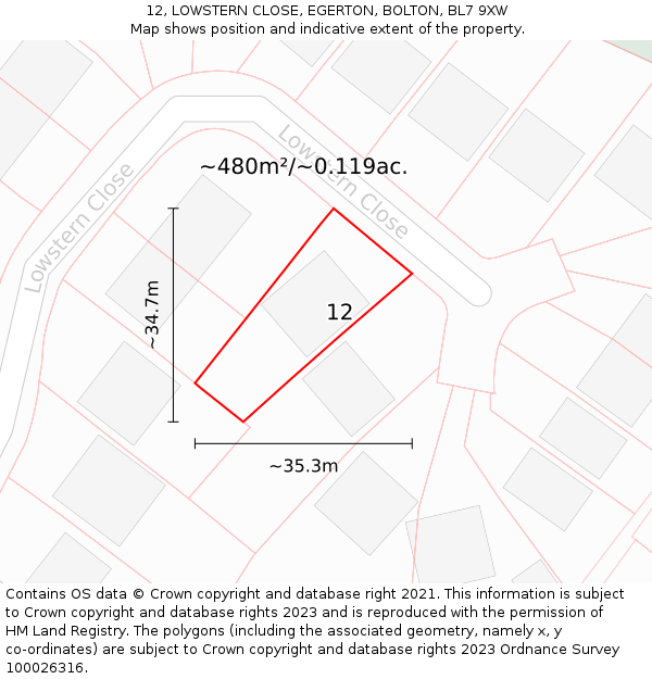 12, LOWSTERN CLOSE, EGERTON, BOLTON, BL7 9XW: Plot and title map