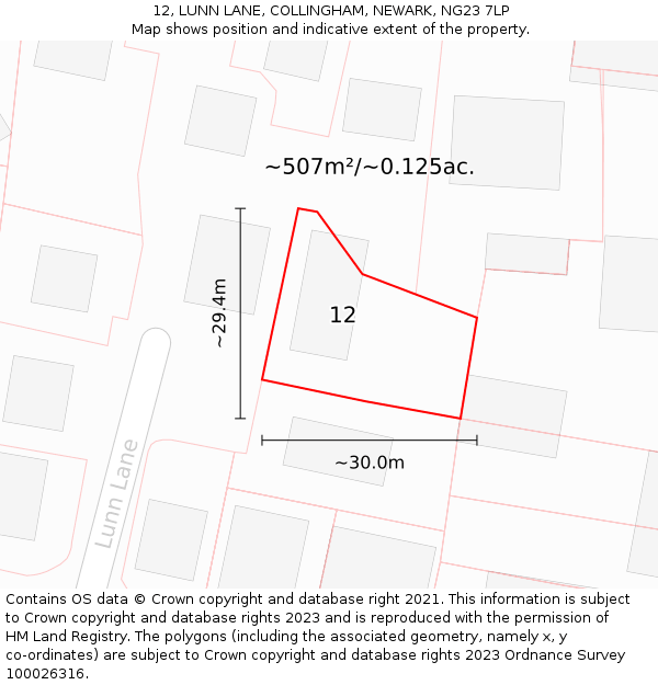 12, LUNN LANE, COLLINGHAM, NEWARK, NG23 7LP: Plot and title map