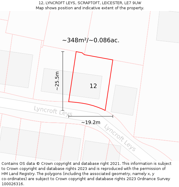 12, LYNCROFT LEYS, SCRAPTOFT, LEICESTER, LE7 9UW: Plot and title map