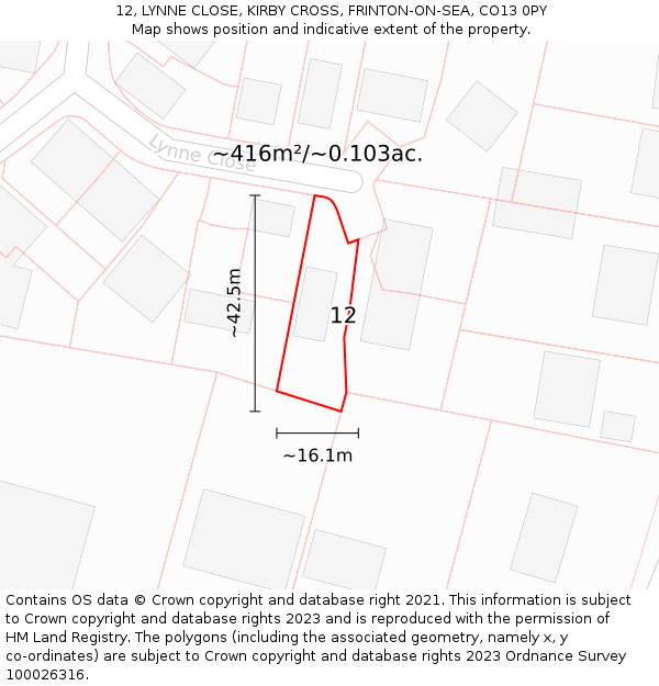 12, LYNNE CLOSE, KIRBY CROSS, FRINTON-ON-SEA, CO13 0PY: Plot and title map