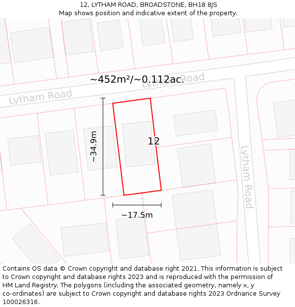 12, LYTHAM ROAD, BROADSTONE, BH18 8JS: Plot and title map