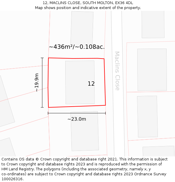 12, MACLINS CLOSE, SOUTH MOLTON, EX36 4DL: Plot and title map