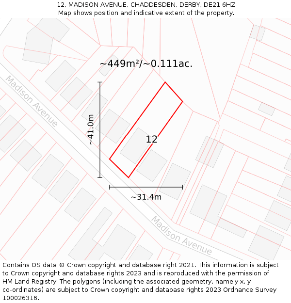 12, MADISON AVENUE, CHADDESDEN, DERBY, DE21 6HZ: Plot and title map