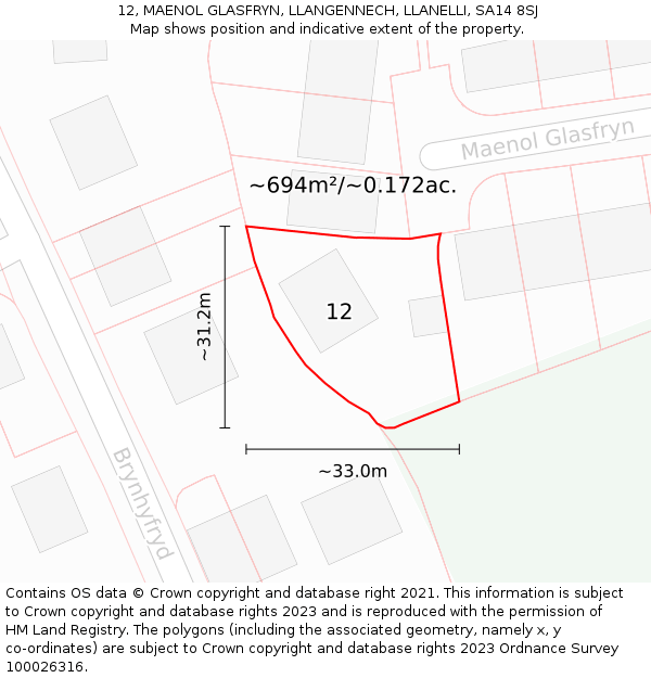 12, MAENOL GLASFRYN, LLANGENNECH, LLANELLI, SA14 8SJ: Plot and title map