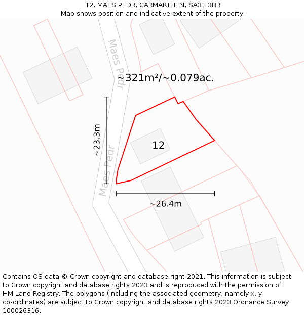 12, MAES PEDR, CARMARTHEN, SA31 3BR: Plot and title map
