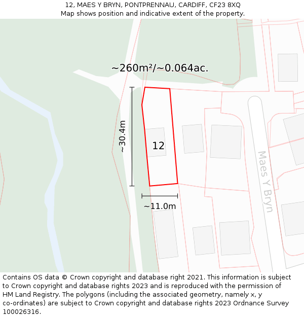 12, MAES Y BRYN, PONTPRENNAU, CARDIFF, CF23 8XQ: Plot and title map