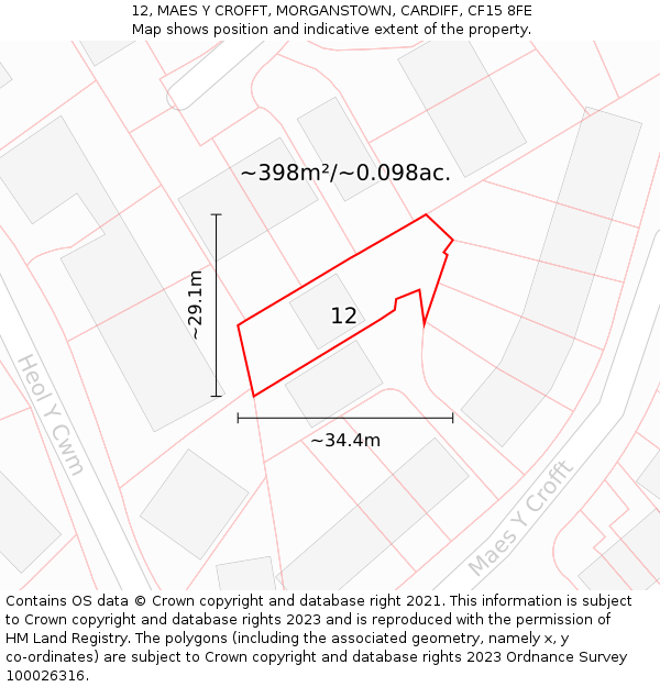 12, MAES Y CROFFT, MORGANSTOWN, CARDIFF, CF15 8FE: Plot and title map