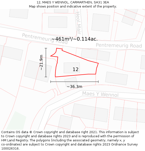 12, MAES Y WENNOL, CARMARTHEN, SA31 3EA: Plot and title map