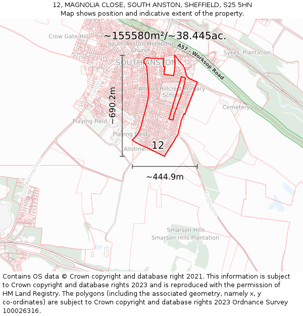 12, MAGNOLIA CLOSE, SOUTH ANSTON, SHEFFIELD, S25 5HN: Plot and title map