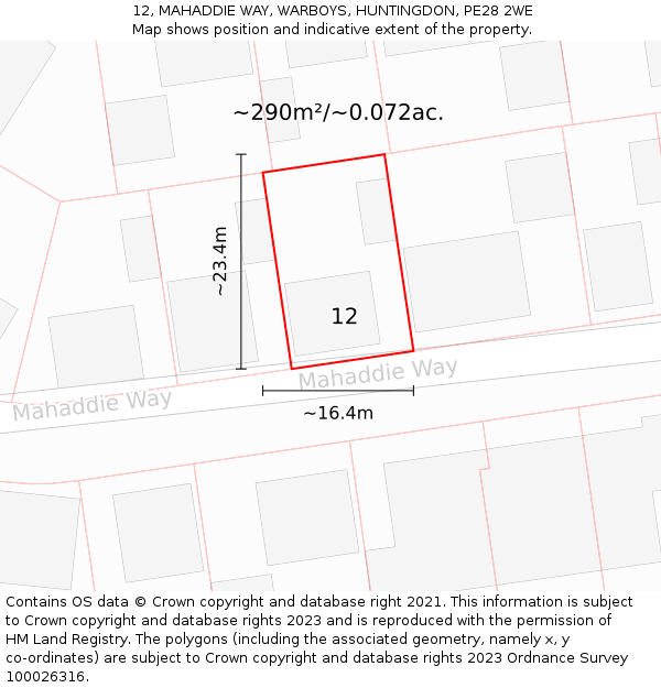 12, MAHADDIE WAY, WARBOYS, HUNTINGDON, PE28 2WE: Plot and title map