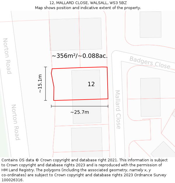 12, MALLARD CLOSE, WALSALL, WS3 5BZ: Plot and title map