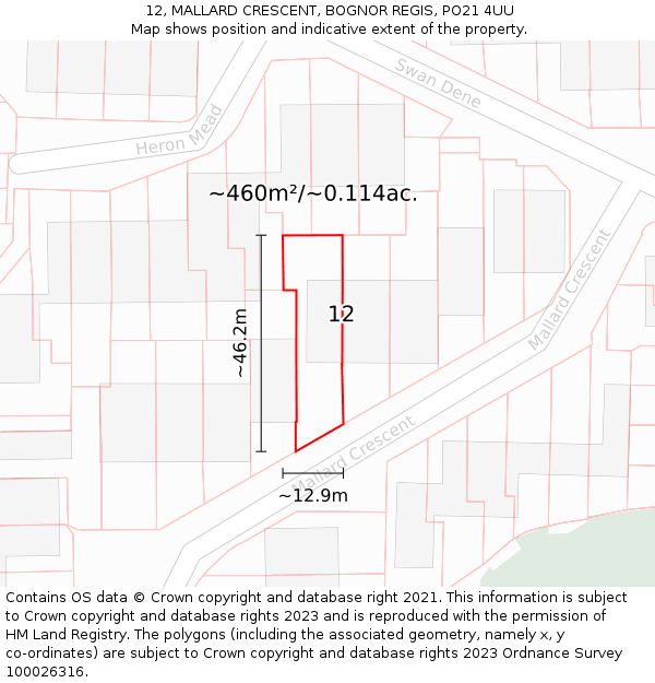 12, MALLARD CRESCENT, BOGNOR REGIS, PO21 4UU: Plot and title map