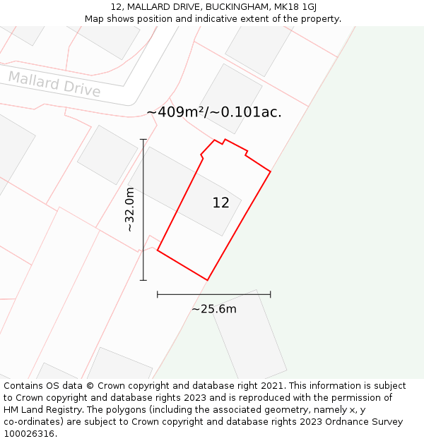 12, MALLARD DRIVE, BUCKINGHAM, MK18 1GJ: Plot and title map