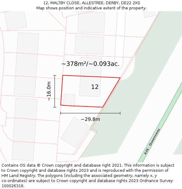 12, MALTBY CLOSE, ALLESTREE, DERBY, DE22 2XS: Plot and title map