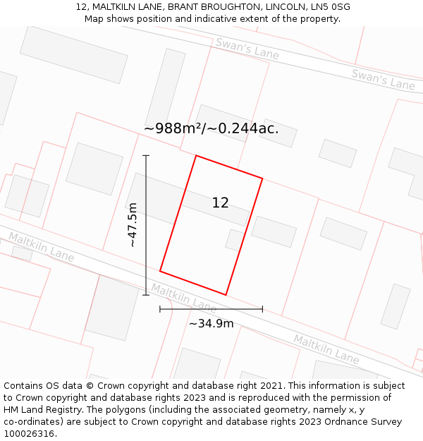 12, MALTKILN LANE, BRANT BROUGHTON, LINCOLN, LN5 0SG: Plot and title map