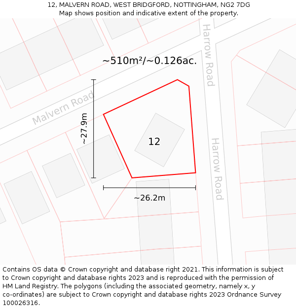 12, MALVERN ROAD, WEST BRIDGFORD, NOTTINGHAM, NG2 7DG: Plot and title map