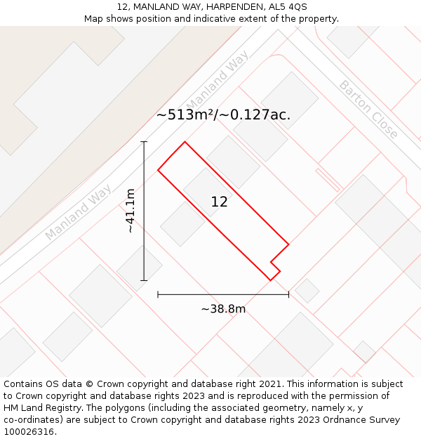 12, MANLAND WAY, HARPENDEN, AL5 4QS: Plot and title map