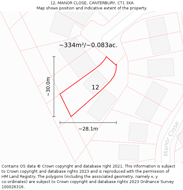 12, MANOR CLOSE, CANTERBURY, CT1 3XA: Plot and title map