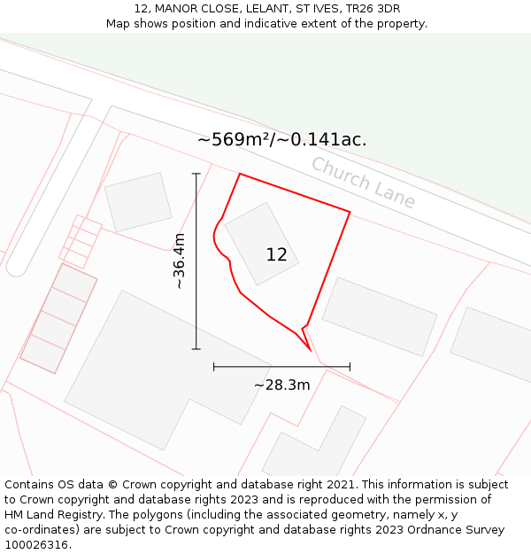 12, MANOR CLOSE, LELANT, ST IVES, TR26 3DR: Plot and title map