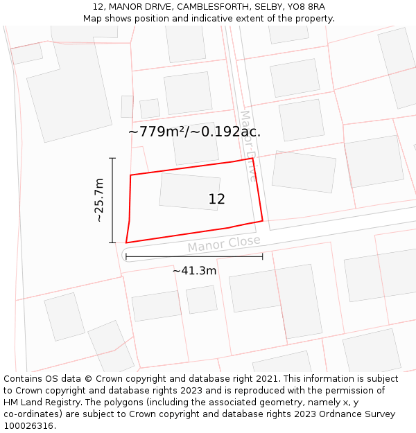 12, MANOR DRIVE, CAMBLESFORTH, SELBY, YO8 8RA: Plot and title map