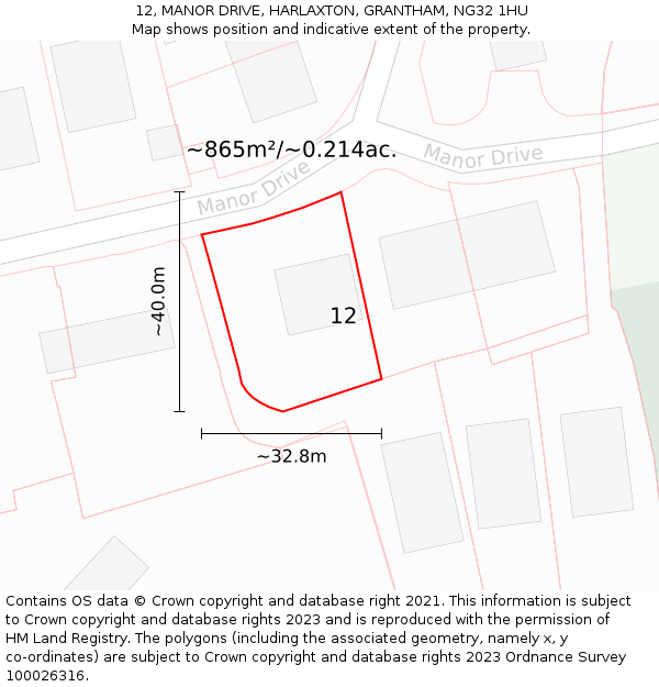 12, MANOR DRIVE, HARLAXTON, GRANTHAM, NG32 1HU: Plot and title map