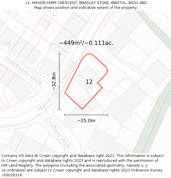 12, MANOR FARM CRESCENT, BRADLEY STOKE, BRISTOL, BS32 9BD: Plot and title map