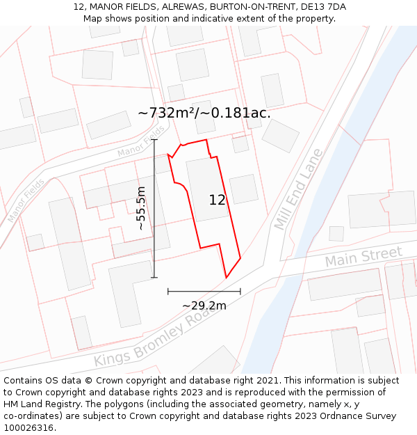 12, MANOR FIELDS, ALREWAS, BURTON-ON-TRENT, DE13 7DA: Plot and title map