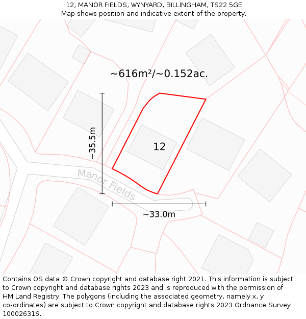 12, MANOR FIELDS, WYNYARD, BILLINGHAM, TS22 5GE: Plot and title map