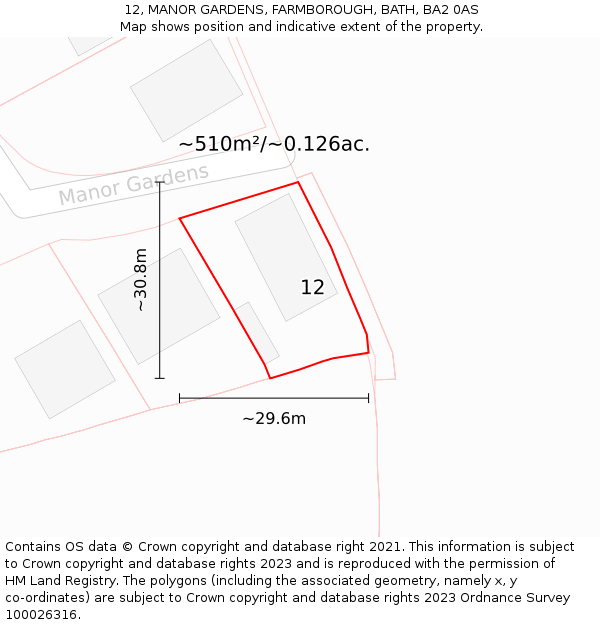 12, MANOR GARDENS, FARMBOROUGH, BATH, BA2 0AS: Plot and title map