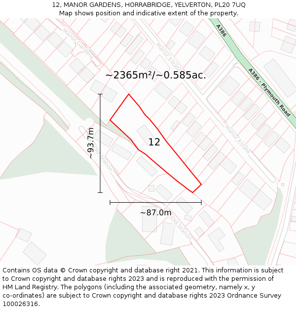 12, MANOR GARDENS, HORRABRIDGE, YELVERTON, PL20 7UQ: Plot and title map