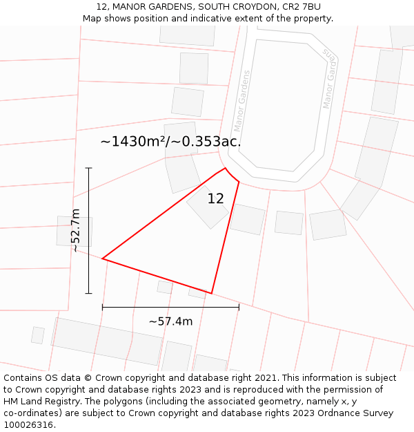 12, MANOR GARDENS, SOUTH CROYDON, CR2 7BU: Plot and title map