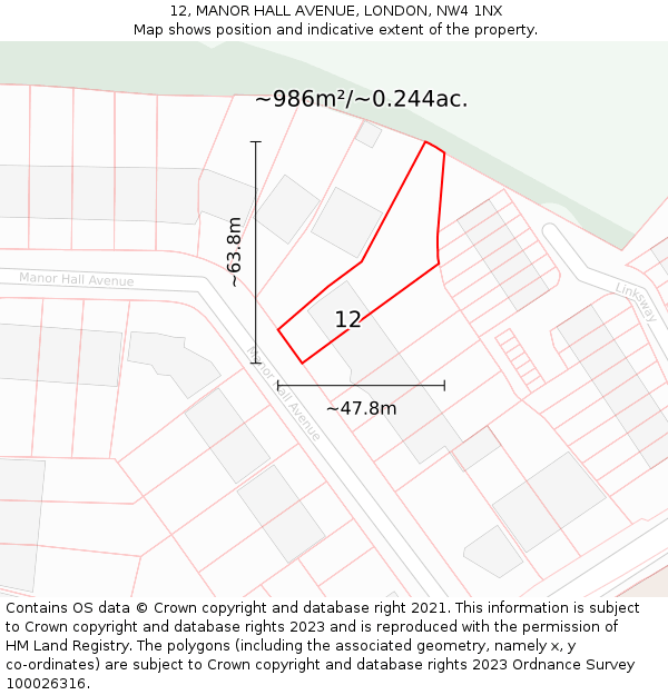 12, MANOR HALL AVENUE, LONDON, NW4 1NX: Plot and title map