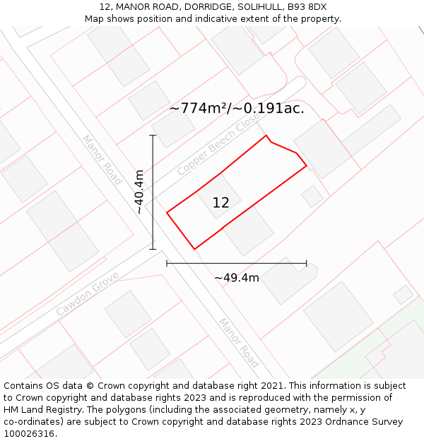 12, MANOR ROAD, DORRIDGE, SOLIHULL, B93 8DX: Plot and title map