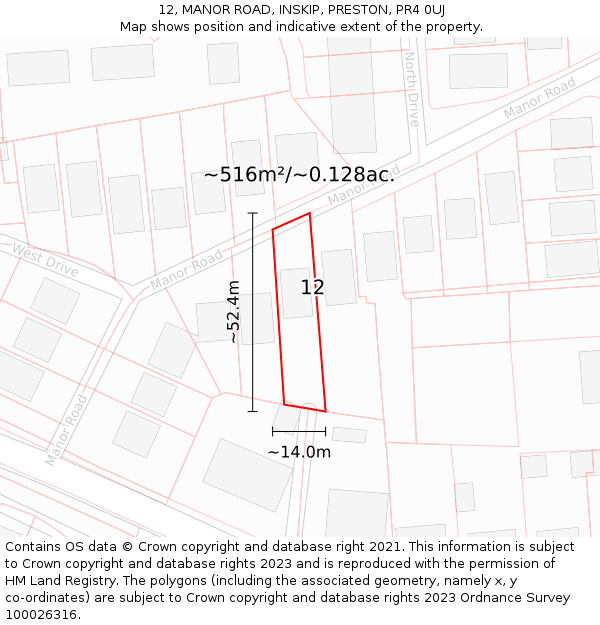 12, MANOR ROAD, INSKIP, PRESTON, PR4 0UJ: Plot and title map