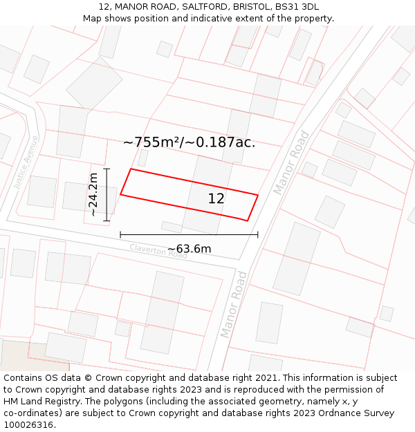 12, MANOR ROAD, SALTFORD, BRISTOL, BS31 3DL: Plot and title map