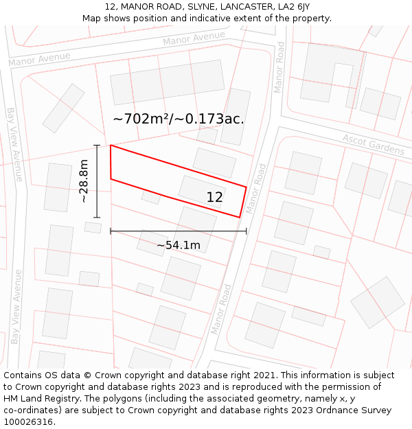 12, MANOR ROAD, SLYNE, LANCASTER, LA2 6JY: Plot and title map