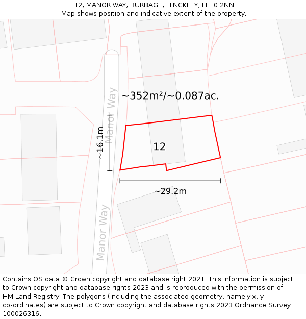 12, MANOR WAY, BURBAGE, HINCKLEY, LE10 2NN: Plot and title map