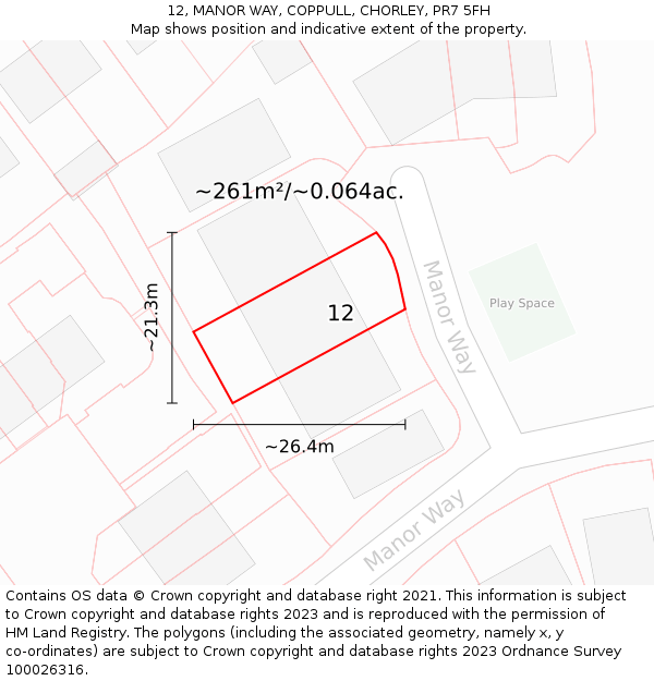 12, MANOR WAY, COPPULL, CHORLEY, PR7 5FH: Plot and title map