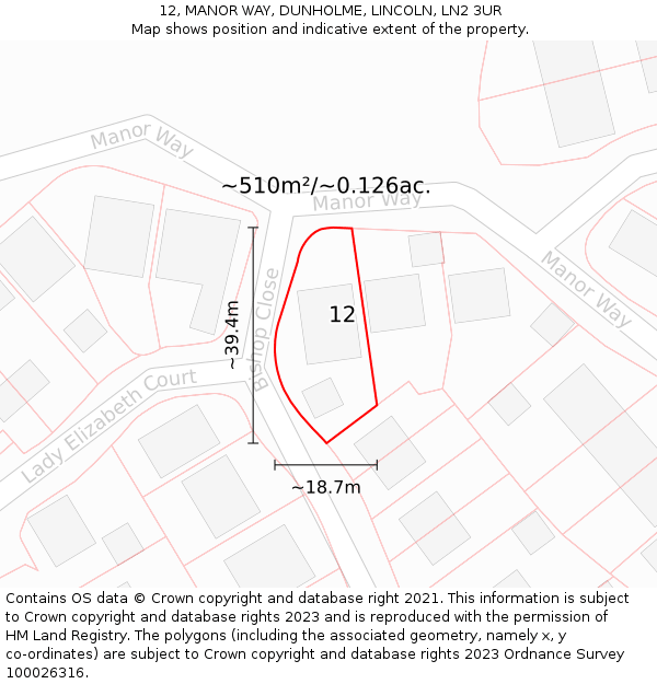 12, MANOR WAY, DUNHOLME, LINCOLN, LN2 3UR: Plot and title map