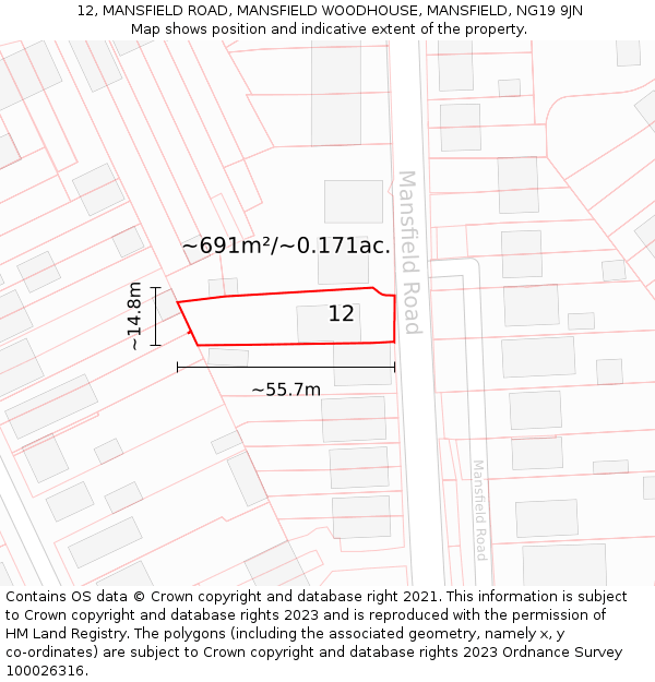 12, MANSFIELD ROAD, MANSFIELD WOODHOUSE, MANSFIELD, NG19 9JN: Plot and title map