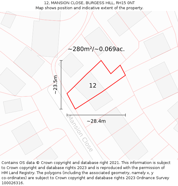 12, MANSION CLOSE, BURGESS HILL, RH15 0NT: Plot and title map