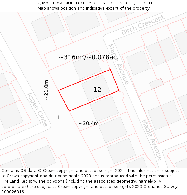 12, MAPLE AVENUE, BIRTLEY, CHESTER LE STREET, DH3 1FF: Plot and title map