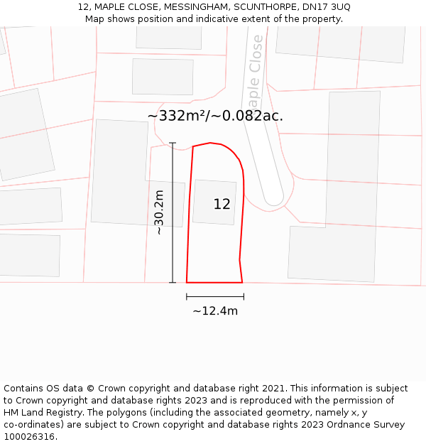 12, MAPLE CLOSE, MESSINGHAM, SCUNTHORPE, DN17 3UQ: Plot and title map