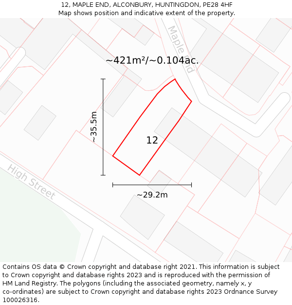 12, MAPLE END, ALCONBURY, HUNTINGDON, PE28 4HF: Plot and title map